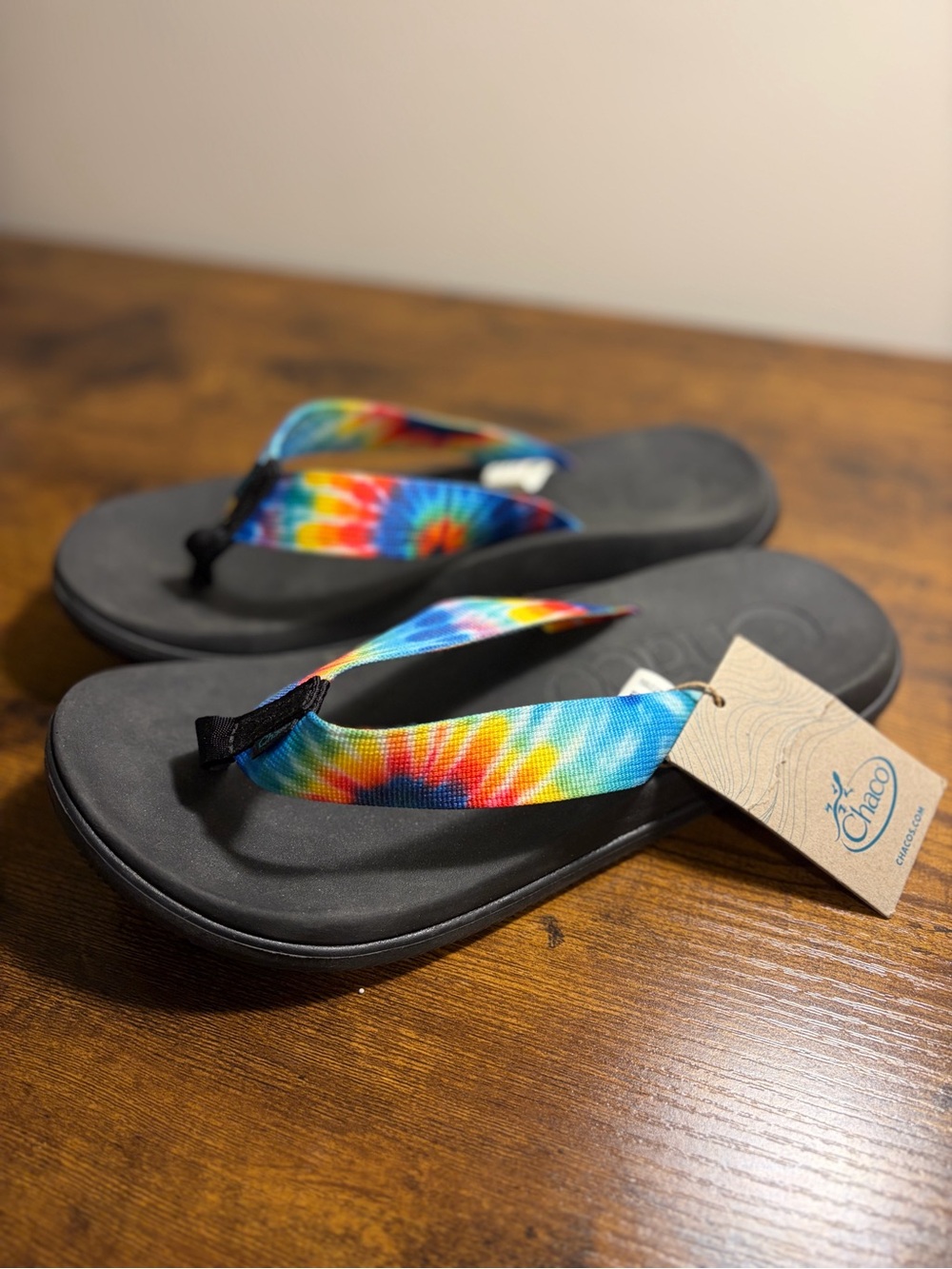 Chaco Men's Black Flip Flops with Rainbow Tie-Dye Straps - Size 10